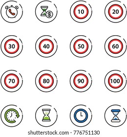 line vector icon set - phone alarm vector, account history, speed limit 10 road sign, 20, 30, 40, 50, 60, 70, 80, 90, 100, clock around, sand