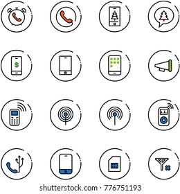 line vector icon set - phone alarm vector, christmas mobile, merry message, payment, speaker horn, antenna, music player, sim, no signal