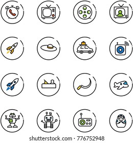 line vector icon set - phone alarm vector, tv, film coil, news, rocket, woman hat, car baggage, wireless speaker, jointer, sickle, plane toy, robot, radio, russian doll