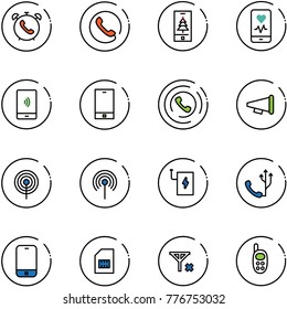 line vector icon set - phone alarm vector, christmas mobile, heart monitor, payment, horn, speaker, antenna, power bank, sim, no signal, toy