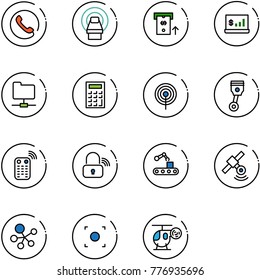 line vector icon set - phone vector, mri, atm, account statistics, network folder, calculator, antenna, piston, remote control, wireless lock, conveyor, satellite, molecule, record button