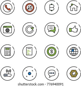 line vector icon set - phone vector, no computer sign, bitcoin, home, browser globe, reload, chat, like, calculator, document, dollar, wi fi router, record button, nut