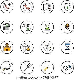 line vector icon set - phone alarm vector, tv, money bag, chest, encashment, sand clock, microphone, fort, ship bell, anchor, sickle, farm fork, awl, plane toy