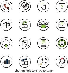 line vector icon set - phone vector, firework, hand touch, monitor cursor, volume max, unlocked, group, opened mail, upload cloud, history, mobile, dollar, chart, movie flap, magnifier, chicken toy