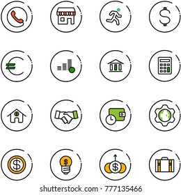 line vector icon set - phone vector, duty free, run, dollar, euro, coin, bank, calculator, home, agreement, wallet time, gear globe, business idea, growth, suitcase