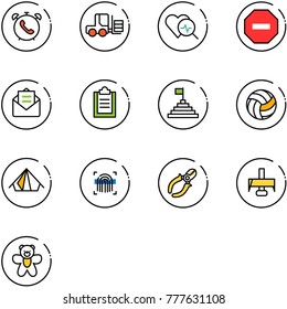line vector icon set - phone alarm vector, fork loader, heart diagnosis, no way road sign, opened mail, clipboard, pyramid flag, volleyball, tent, fingerprint scanner, side cutters, milling cutter