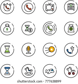 line vector icon set - phone alarm vector, tv, money chest, bag, account history, horn, sand clock, microphone, first satellite, rocking horse, plane toy, wheel