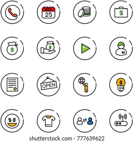 line vector icon set - phone vector, 25 dec calendar, coin, money case, bag, investment, play, manager, agreement, open, world, business idea, smile, t shirt, information exchange, wi fi router