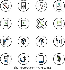 line vector icon set - phone alarm vector, christmas mobile, merry message, heart monitor, payment, horn, antenna, power bank, music player, toy