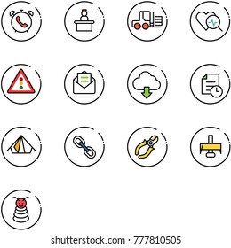 line vector icon set - phone alarm vector, recieptionist, fork loader, heart diagnosis, traffic light road sign, opened mail, download cloud, history, tent, link, side cutters, milling cutter