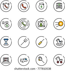line vector icon set - phone alarm vector, money bag, chest, encashment, horn, tv news, first satellite, sand clock, farm fork, awl, rocking horse, abacus, plane toy, stick, wheel