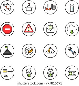 line vector icon set - phone alarm vector, recieptionist, fork loader, vial, no way road sign, traffic light, opened mail, download cloud, pyramid flag, volleyball, tent, link, laser lever, bear toy