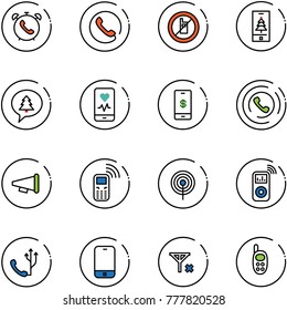 line vector icon set - phone alarm vector, no mobile sign, christmas, merry message, heart monitor, payment, horn, speaker, antenna, music player, signal, toy