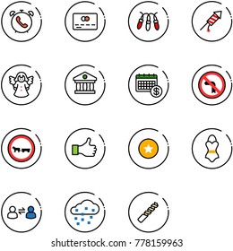 line vector icon set - phone alarm vector, credit card, garland, firework rocket, angel, bank, calendar, no left turn road sign, cart horse, like, star medal, swimsuit, information exchange, snow