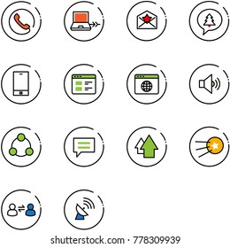 line vector icon set - phone vector, netabook connect, star letter, merry christmas message, website, browser globe, volume medium, social, chat, arrow up, first satellite, information exchange