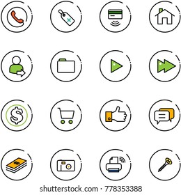 Line Vector Icon Set - Phone Vector, Medical Label, Tap Pay, Home, User Login, Folder, Play, Fast Forward, Dollar, Cart, Finger Up, Dialog, Photo, Printer Wireless, Screw