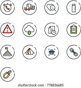 line vector icon set - phone alarm vector, fork loader, heart diagnosis, vial, traffic light road sign, download cloud, history, clipboard, pyramid flag, tent, fingerprint scanner, link