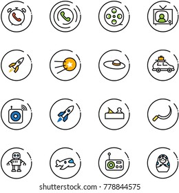 line vector icon set - phone alarm vector, horn, film coil, tv news, rocket, first satellite, woman hat, car baggage, wireless speaker, jointer, sickle, robot, plane toy, radio, russian doll
