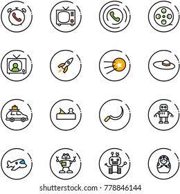 line vector icon set - phone alarm vector, tv, horn, film coil, news, rocket, first satellite, woman hat, car baggage, jointer, sickle, robot, plane toy, russian doll