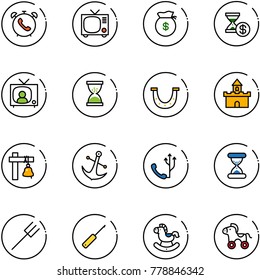 line vector icon set - phone alarm vector, tv, money bag, account history, news, sand clock, luck, fort, ship bell, anchor, farm fork, awl, rocking horse, wheel