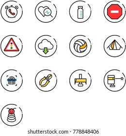 line vector icon set - phone alarm vector, heart diagnosis, vial, no way road sign, traffic light, download cloud, volleyball, tent, fingerprint scanner, side cutters, milling cutter, laser lever