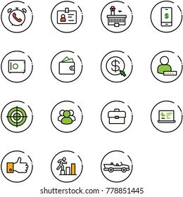 line vector icon set - phone alarm vector, identity, airport building, mobile payment, safe, wallet, money click, user password, target, group, portfolio, statistics monitor, finger up, career