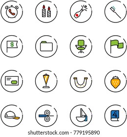 line vector icon set - phone alarm vector, candle, champagne, tooth brush, dollar flag, folder, office chair, envelope, pennant, luck, strawberry, cap, steel rolling, sailboat toy, abc book