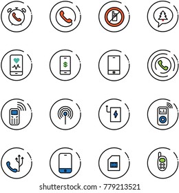 line vector icon set - phone alarm vector, no mobile sign, merry christmas message, heart monitor, payment, horn, antenna, power bank, music player, sim, toy