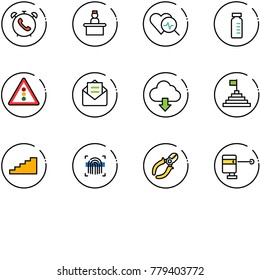 line vector icon set - phone alarm vector, recieptionist, heart diagnosis, vial, traffic light road sign, opened mail, download cloud, pyramid flag, stairs, fingerprint scanner, side cutters