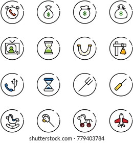 line vector icon set - phone alarm vector, money bag, tv news, sand clock, luck, ship bell, farm fork, awl, rocking horse, stick toy, wheel, plane
