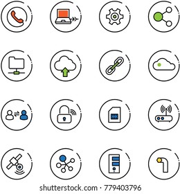 line vector icon set - phone vector, netabook connect, gear, share, network folder, upload cloud, link, information exchange, wireless lock, sim, wi fi router, satellite, molecule, server, allen key