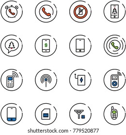 line vector icon set - phone alarm vector, no mobile sign, christmas, merry message, payment, horn, antenna, power bank, music player, sim, signal, toy