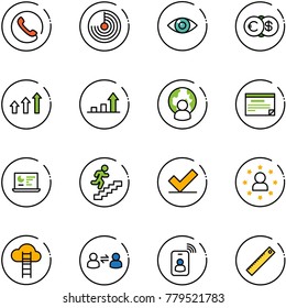 line vector icon set - phone vector, radar, eye, euro dollar, arrows up, growth arrow, man globe, schedule, statistics monitor, career, check, star, cloud ladder, information exchange, identity card