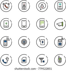 line vector icon set - phone alarm vector, christmas mobile, merry message, heart monitor, payment, speaker horn, antenna, power bank, music player, sim, no signal, toy