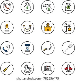 line vector icon set - phone alarm vector, money bag, encashment, microphone, luck, sand fort, ship bell, clock, sickle, farm fork, awl, rocking horse, abacus, toy plane