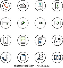 line vector icon set - phone vector, snowmobile, mobile heart monitor, payment, credit card, exchange, music player, wireless lock, micro flash, wi fi router, battery