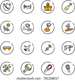 line vector icon set - phone alarm vector, hotel, sand fort, fizz opening, beach, palm, surfing, skateboard, plane, nail dowel, drill machine, wrench hammer, beanbag