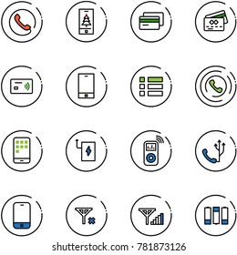 line vector icon set - phone vector, christmas mobile, credit card, tap pay, menu, horn, power bank, music player, no signal, fine, battery