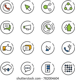 line vector icon set - phone vector, cursor, share, social, chat, loudspeaker, horn, arrow up, finger, dialog, satellite antenna, cloud exchange data, server, circuit