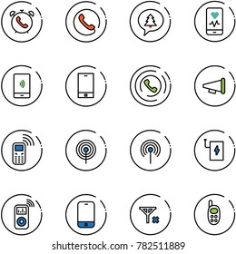line vector icon set - phone alarm vector, merry christmas message, mobile heart monitor, payment, horn, speaker, antenna, power bank, music player, no signal, toy