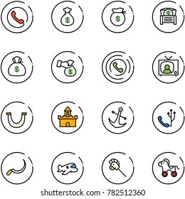 line vector icon set - phone vector, money bag, chest, encashment, horn, tv news, luck, sand fort, anchor, sickle, plane toy, horse stick, wheel
