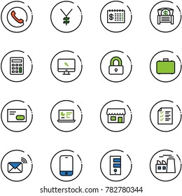 line vector icon set - phone vector, yen, finance calendar, money chest, calculator, monitor cursor, locked, case, envelope, statistics, store, list, wireless mail, mobile, server, plant