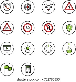 line vector icon set - phone alarm vector, snowflake, christmas deer, intersection road sign, side wind, speed limit 80, no turn back, shield, presentation board, idea, standby, round flask, flag