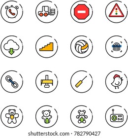 line vector icon set - phone alarm vector, fork loader, no way road sign, traffic light, download cloud, stairs, volleyball, fingerprint scanner, link, milling cutter, awl, chicken toy, bear, radio