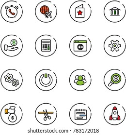 line vector icon set - phone alarm vector, plane globe, star postcard, bank, investment, calculator, browser, gear, gears, standby, group, search money, rich, opening, terms plan, rocket