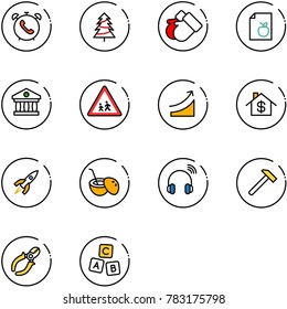 line vector icon set - phone alarm vector, christmas tree, gloves, diet list, bank, children road sign, rise, home dollar, rocket, coconut cocktail, wireless headphones, hammer, side cutters