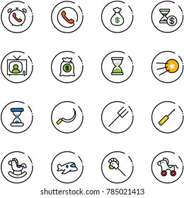 line vector icon set - phone alarm vector, money bag, account history, tv news, sand clock, first satellite, sickle, farm fork, awl, rocking horse, plane toy, stick, wheel