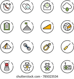 line vector icon set - phone alarm vector, heart diagnosis, opened mail, download cloud, clipboard, pyramid flag, stairs, volleyball, tent, link, side cutters, awl, toy, bear, radio