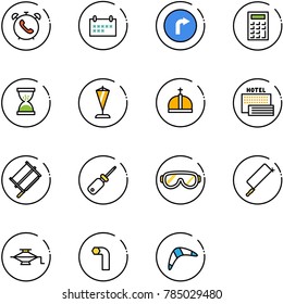 line vector icon set - phone alarm vector, schedule, only right road sign, calculator, sand clock, pennant, crown, sea hotel, bucksaw, screwdriver, protective glasses, metal hacksaw, jack, allen key