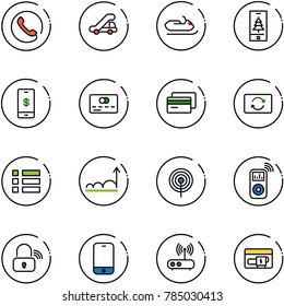 line vector icon set - phone vector, trap truck, snowmobile, christmas mobile, payment, credit card, exchange, menu, growth, antenna, music player, wireless lock, wi fi router, generator